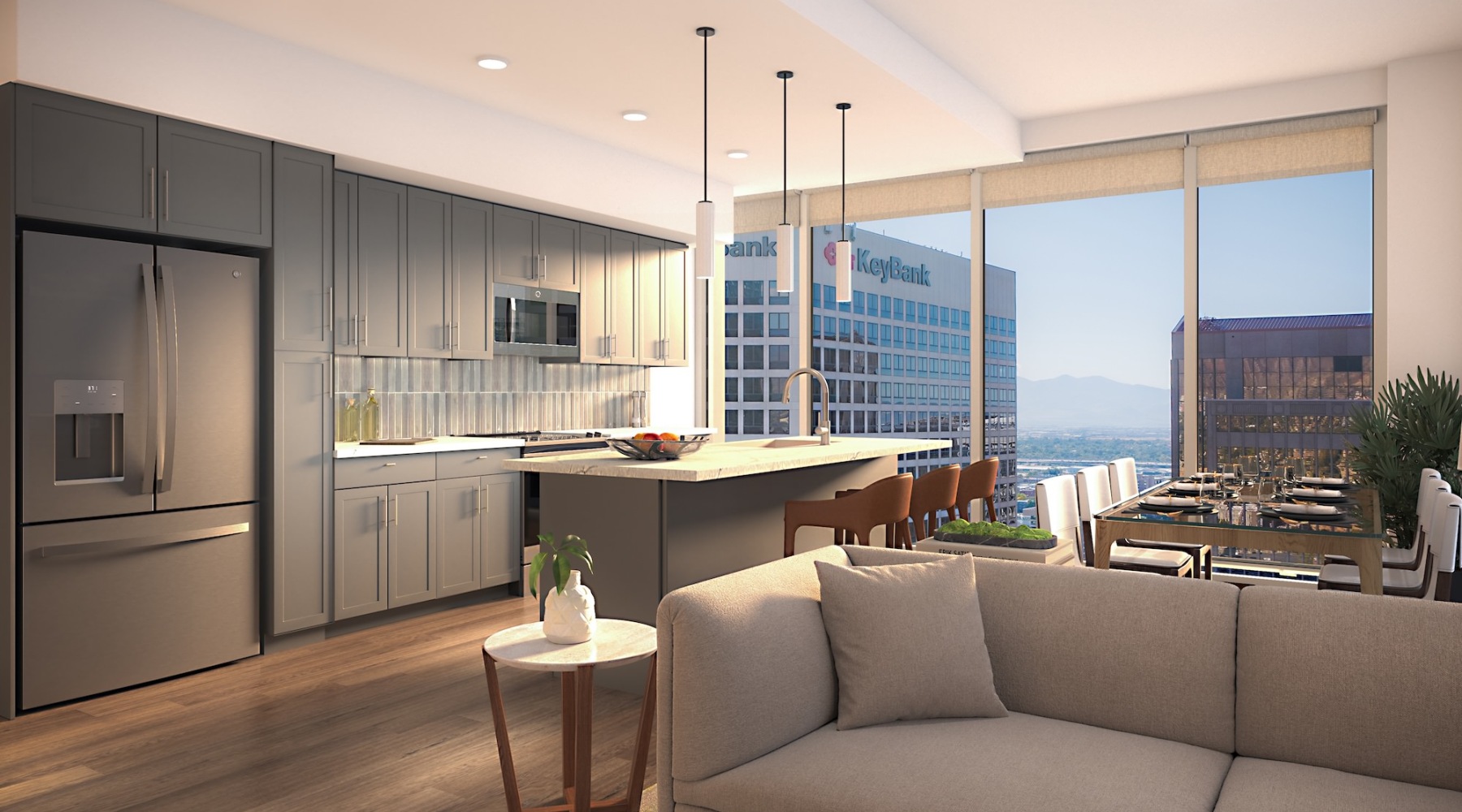 living room with large windows and wood floors