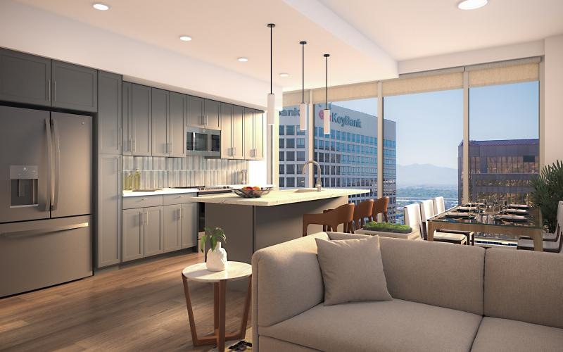 a kitchen and living room