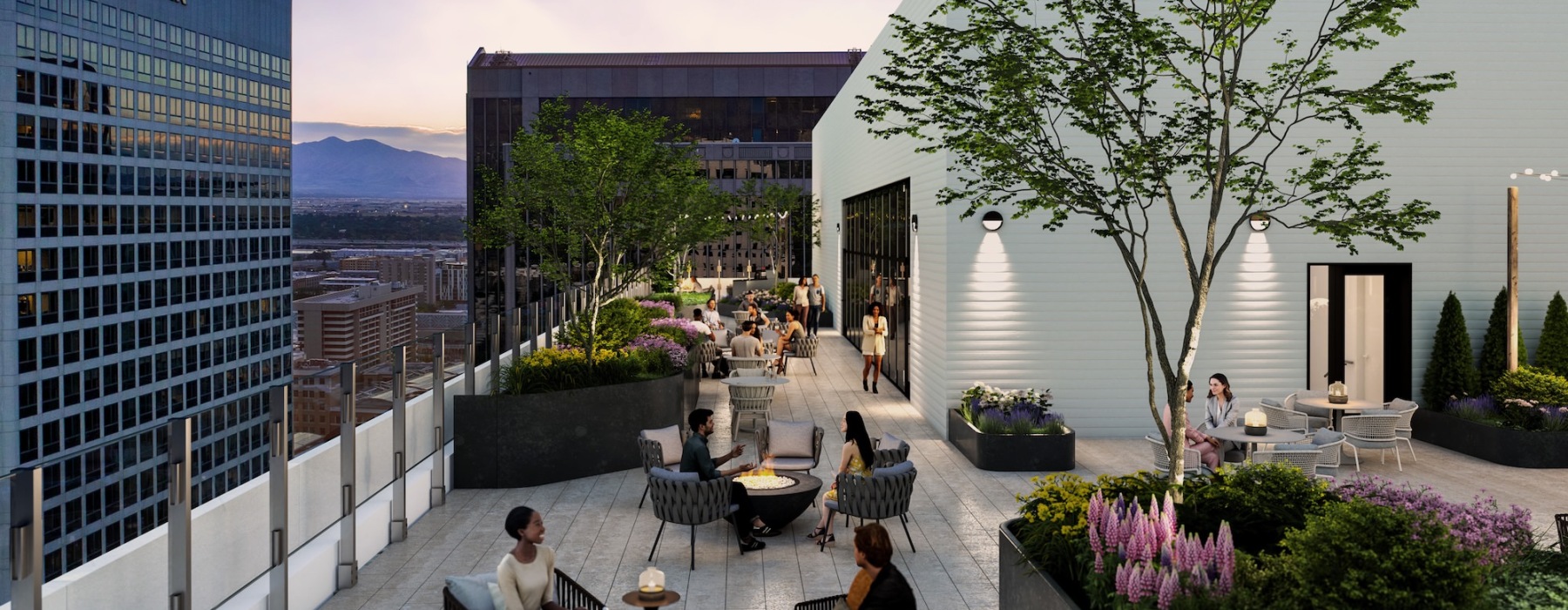 people hanging outside on a rooftop patio 