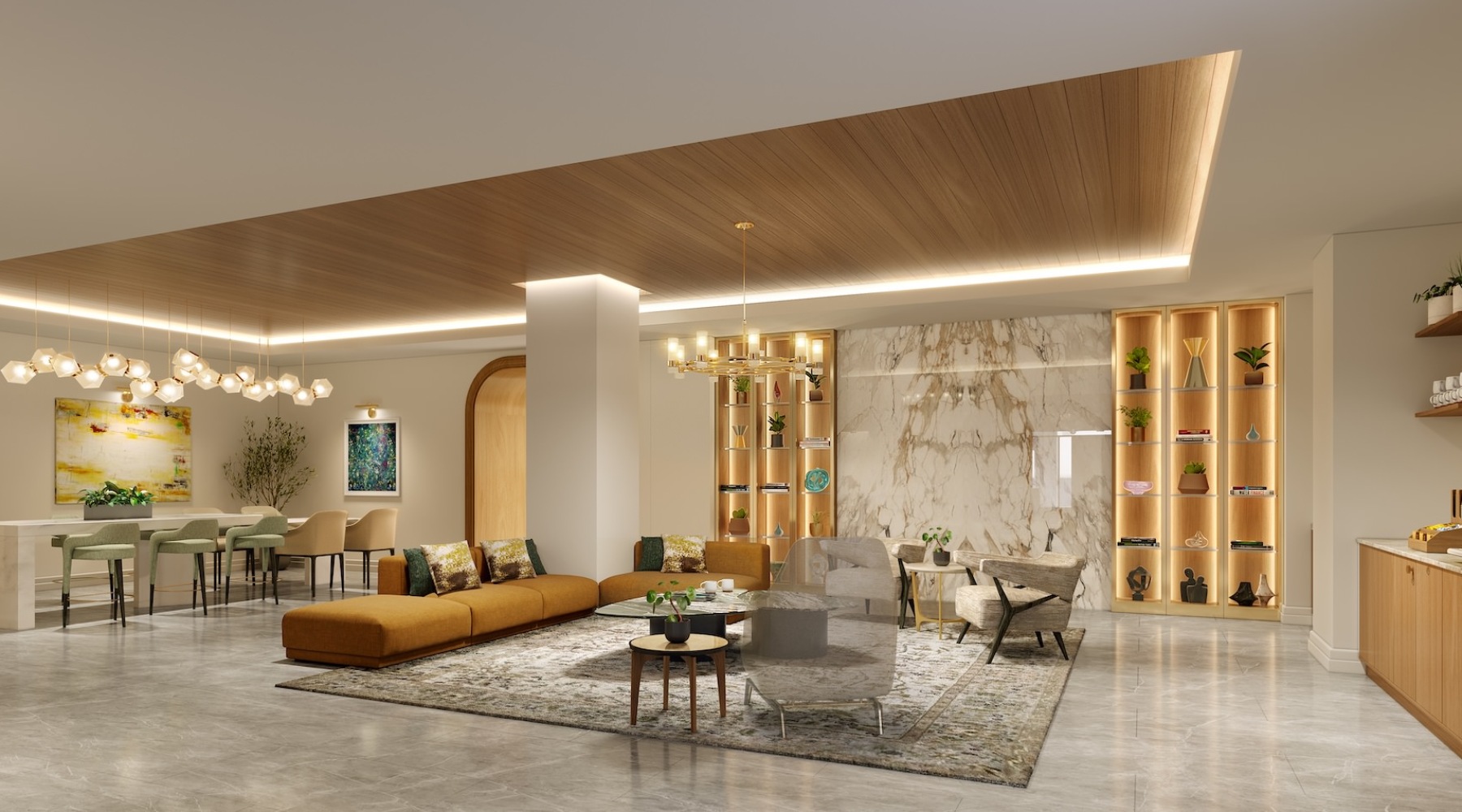 large lounge with seating and tables